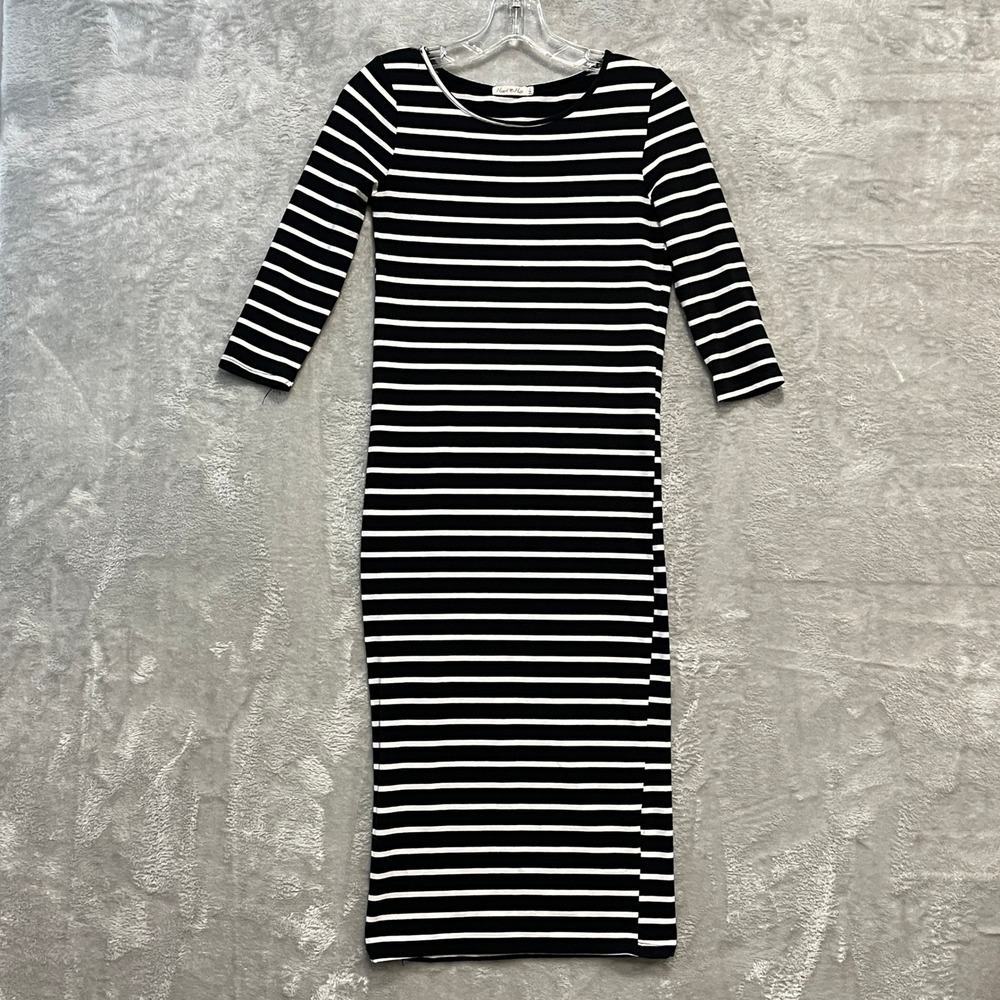 Heart Hips Dress Women Small Black Striped 3/4 Sleeve Midi Bodycon